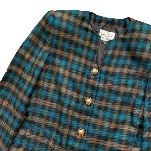 Vtg Le Suit Dress Barn Plaid Gingham Buttoned Blazer Jacket Blue Brown Size 10 - Picture 3 of 6